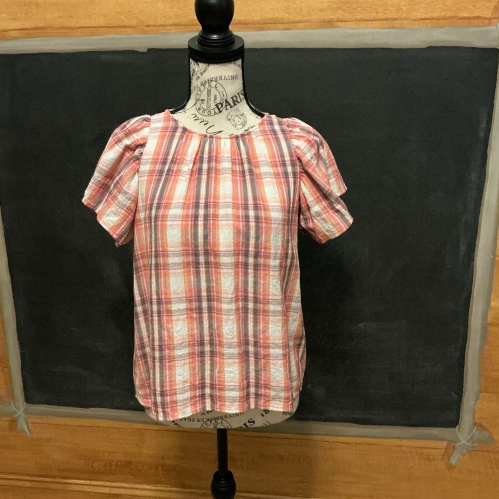 LOFT Multicolor Plaid Flutter Sleeve Top XS